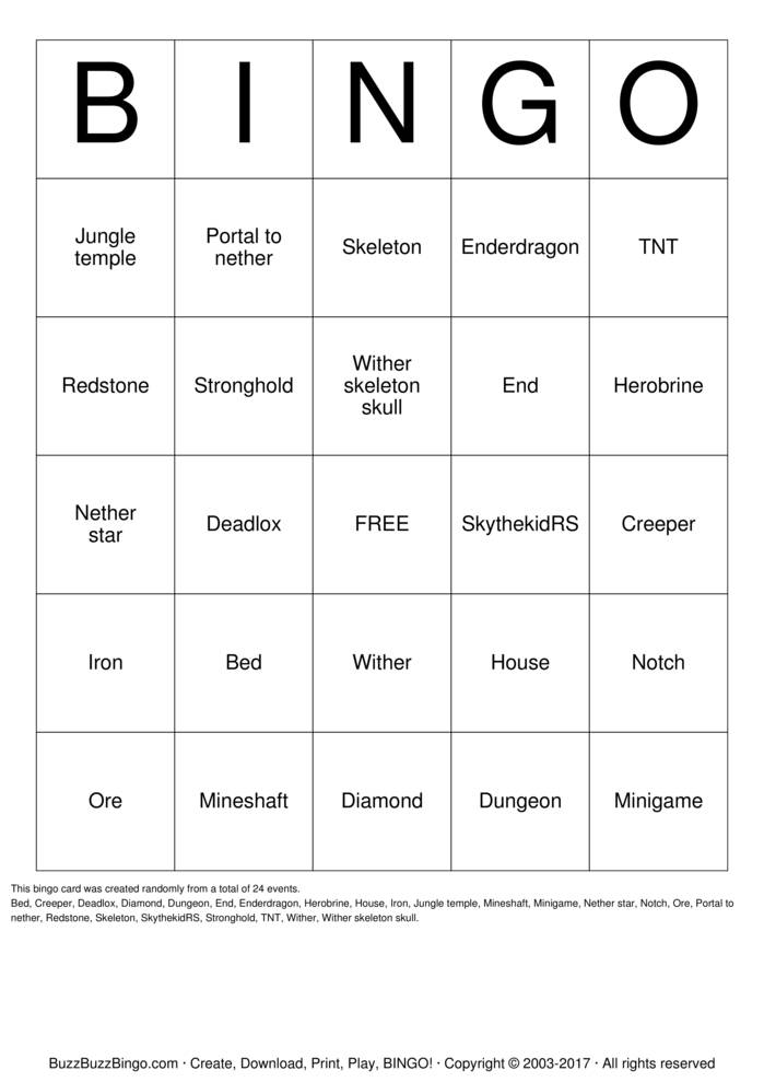 MineCraft Bingo Cards to Download, Print and Customize!