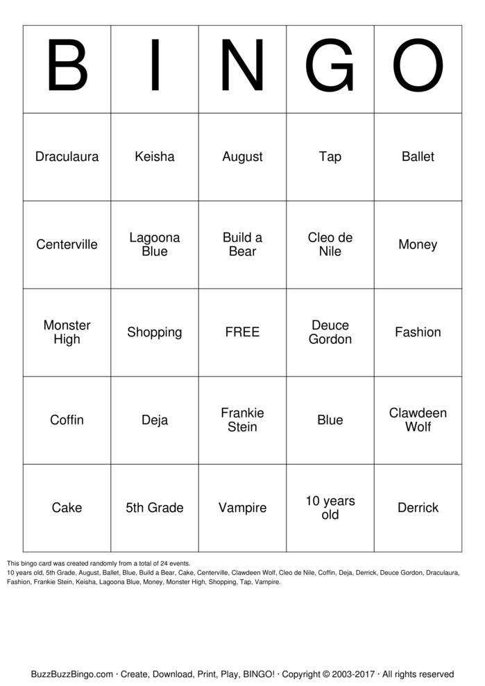 Download Free Monster High Bingo Cards Download Free Monster High Bingo Cards