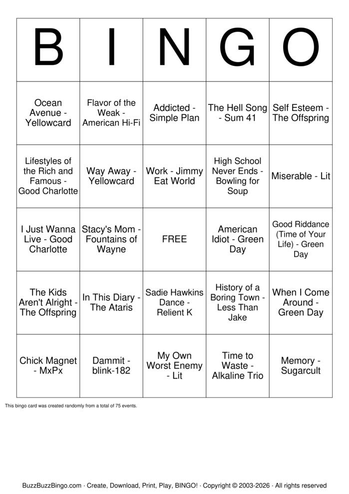 Download Free Pop Punk Glory Days Bingo Cards
