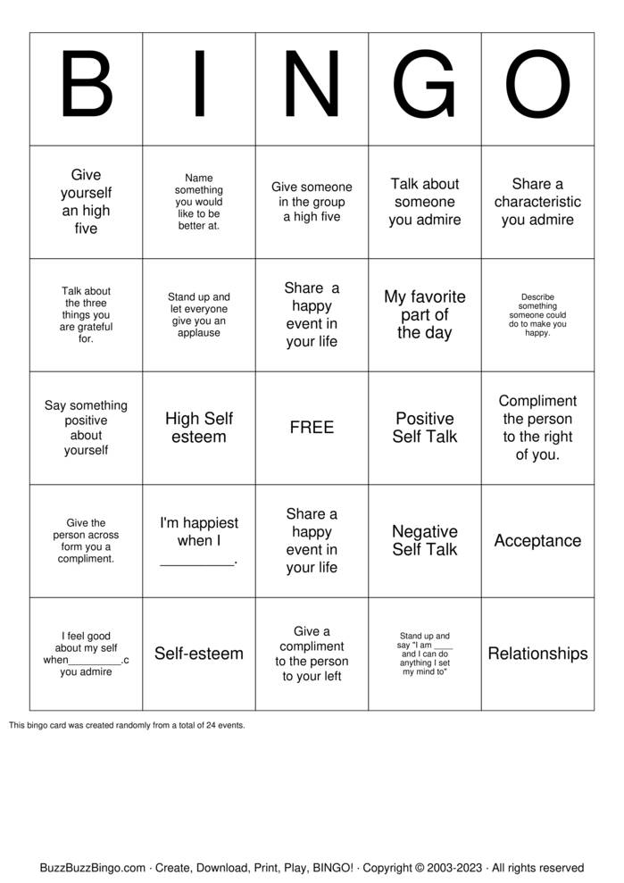 Self esteem Bingo Cards to Download, Print and Customize!