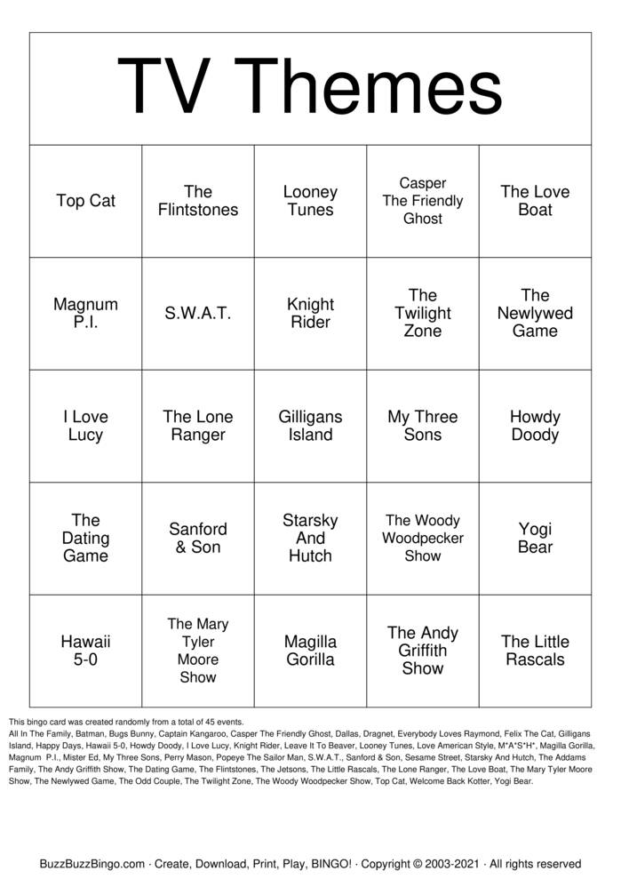 Download Free TV Themes Bingo Cards