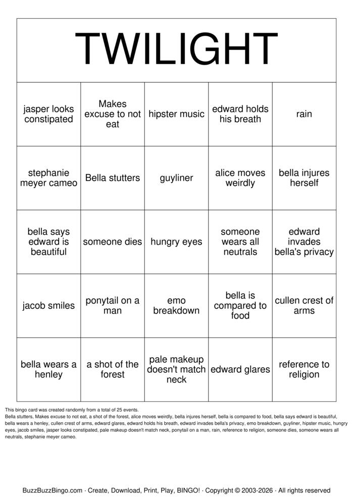 Download Free TWILIGHT BINGO Bingo Cards