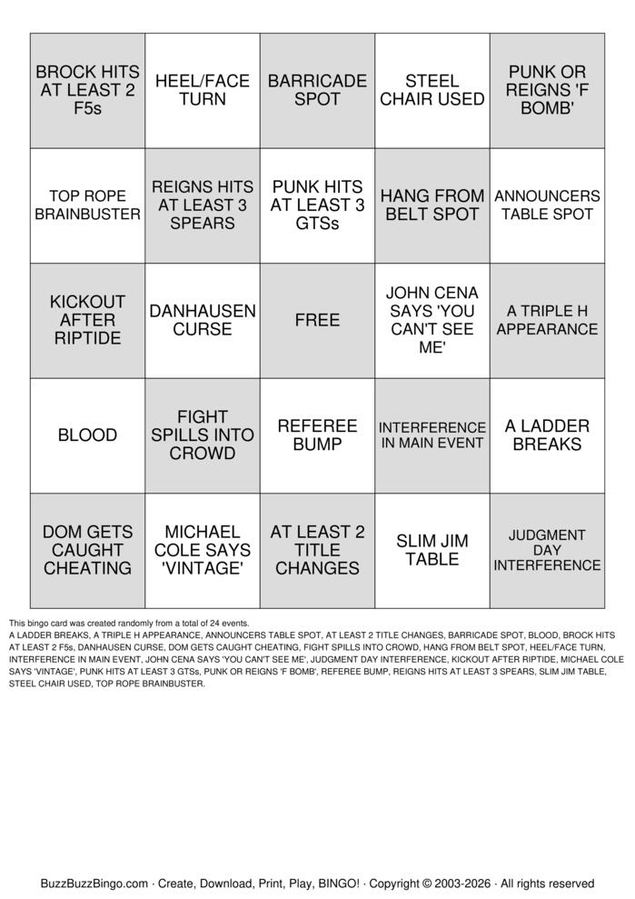 Download Free WWE Wrestlemania Vegas Bingo Cards