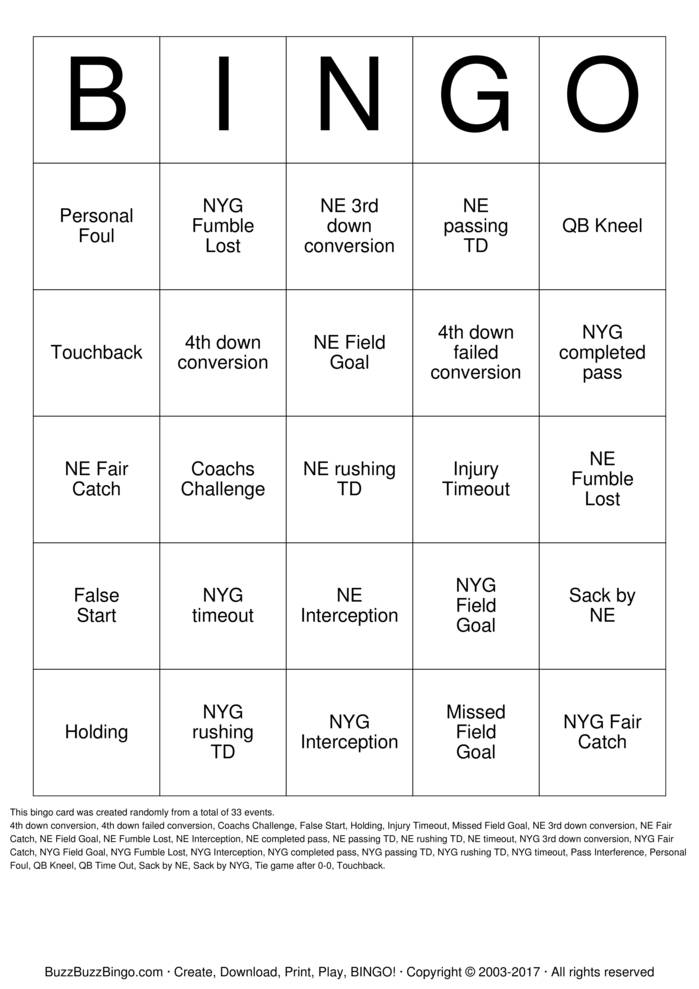 2012 Superbowl NYG vs NE Bingo Cards to Download, Print and Customize!