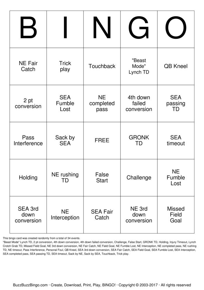 2015 Superbowl NE vs SEA Bingo Cards to Download, Print and Customize!