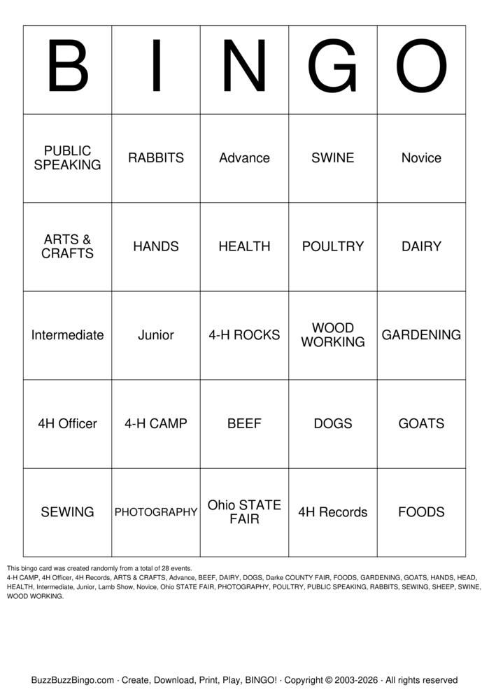 Download Free 4H Bingo Bingo Cards