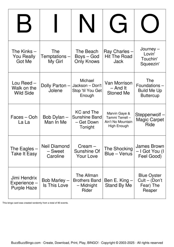 Download Free 60's & 70's Music Bingo Bingo Cards