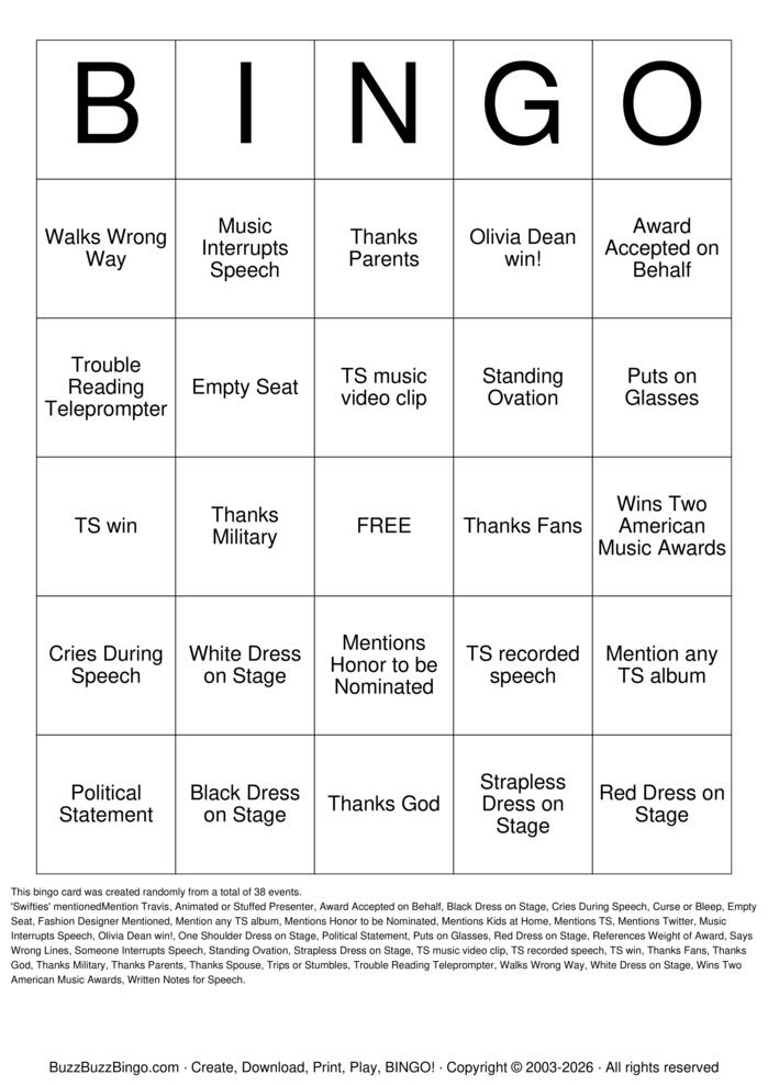 Download Free American Music Awards Bingo Cards