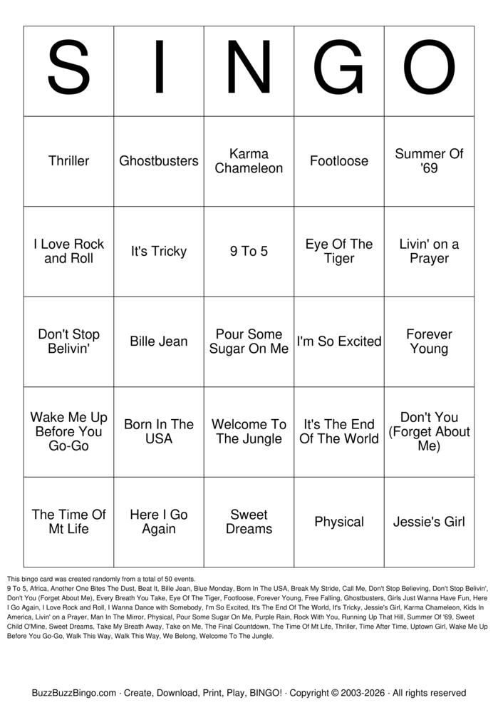 Download Free CLASSIC ROCK SINGO Bingo Cards Download Free CLASSIC ROCK SINGO Bingo Cards