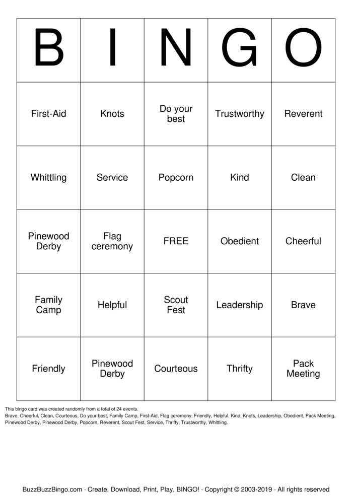 Download Free Cub Scouts Bingo Cards