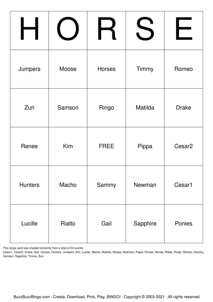 Download Free HORSE Bingo Cards