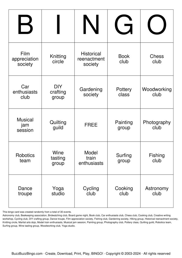 Download Free Hobbyist Groups Bingo Cards