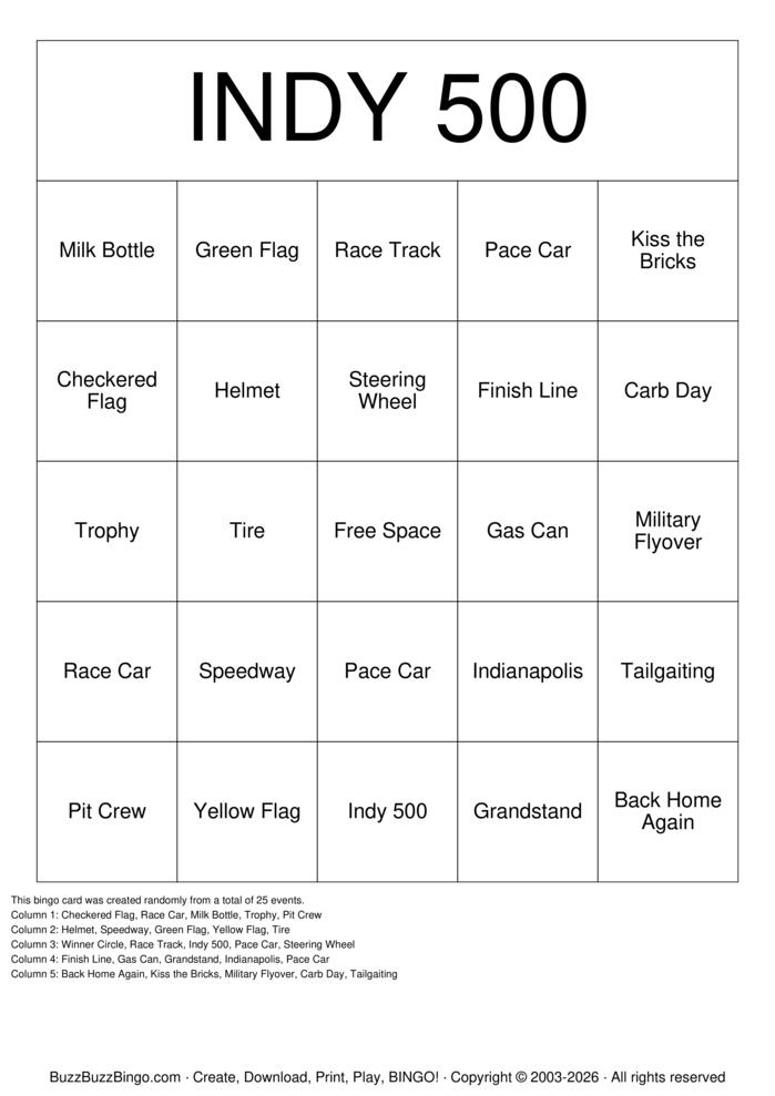 Download Free Indy 500 Bingo Cards Download Free Indy 500 Bingo Cards