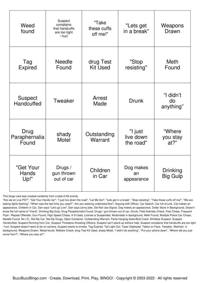 Download Free LIVE PD Bingo Cards