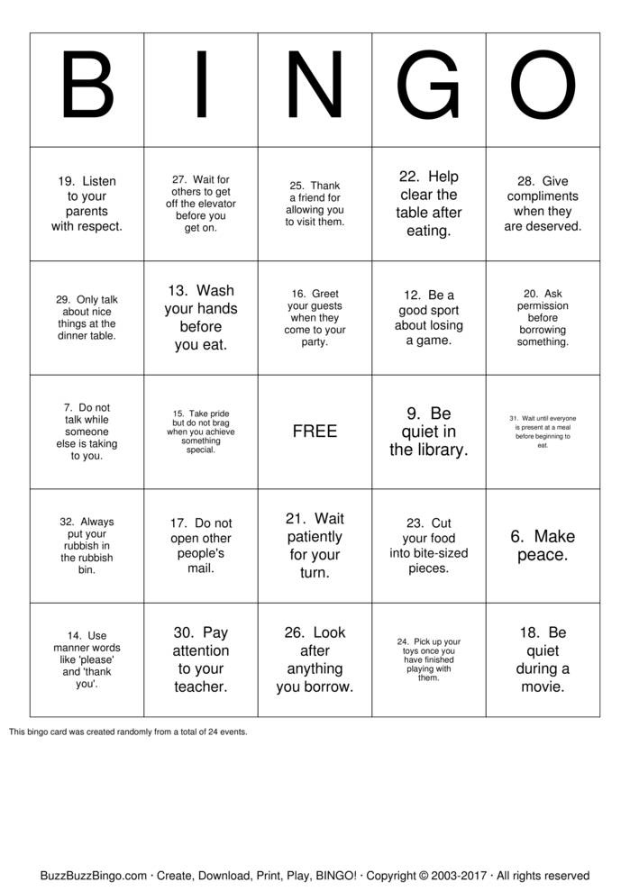 Download Free Manners Bingo Cards
