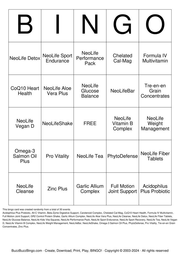 Download Free NeoLife Products Bingo Cards