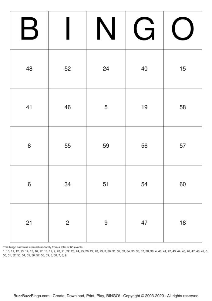 Download Free Numbers 1-52 Bingo Cards