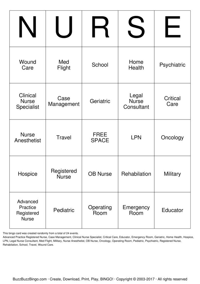 Download Free Nurse Bingo Cards Download Free Nurse Bingo Cards