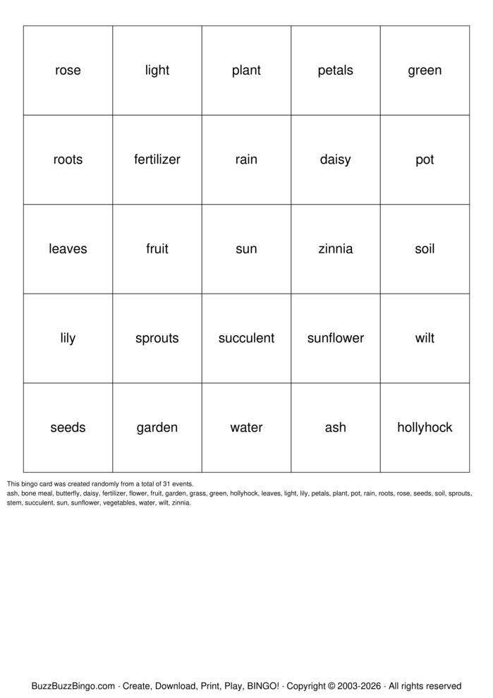 Download Free Plant Bingo Cards