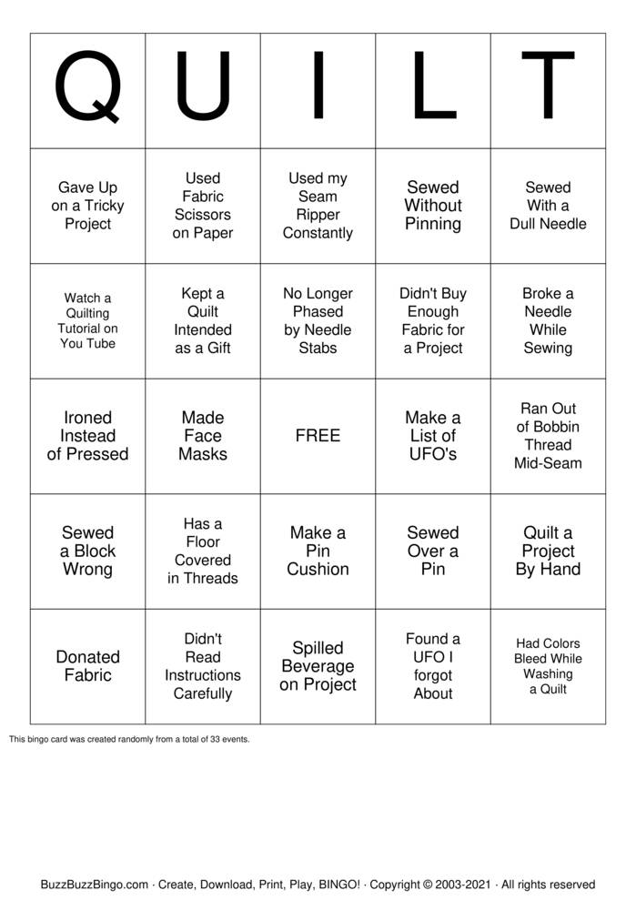 Quilting Bingo Bingo Cards to Download, Print and Customize!