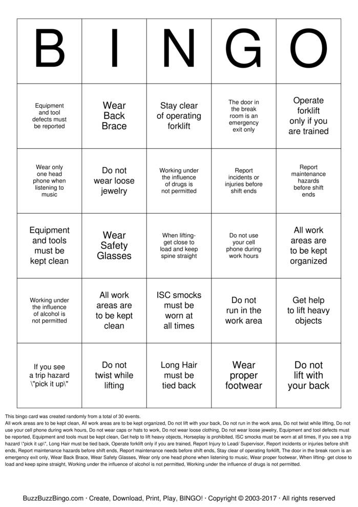 Download Free Safety Bingo Cards