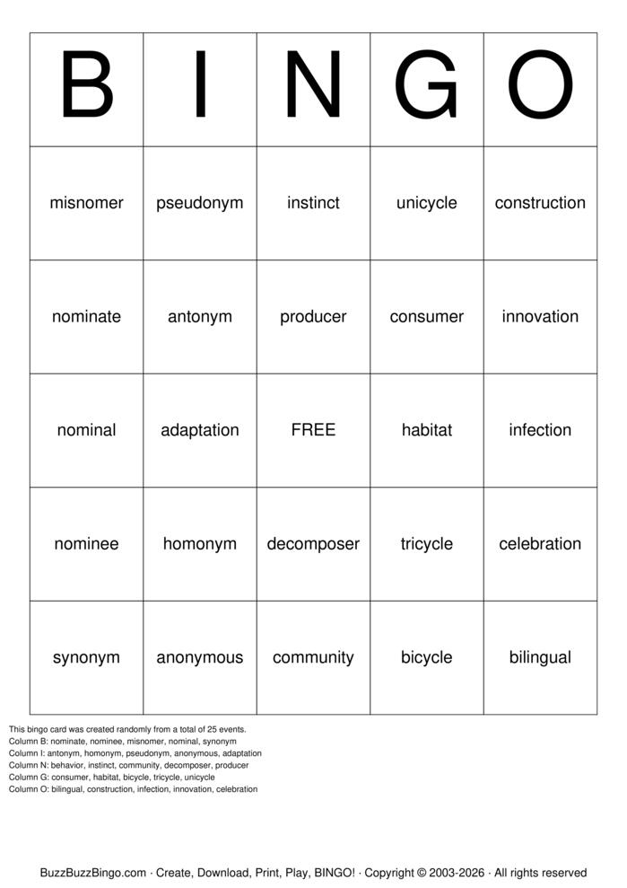 Download Free Word Work Bingo Bingo Cards