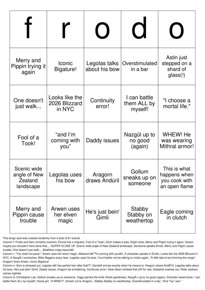 Download Free lord of the rings Bingo Cards