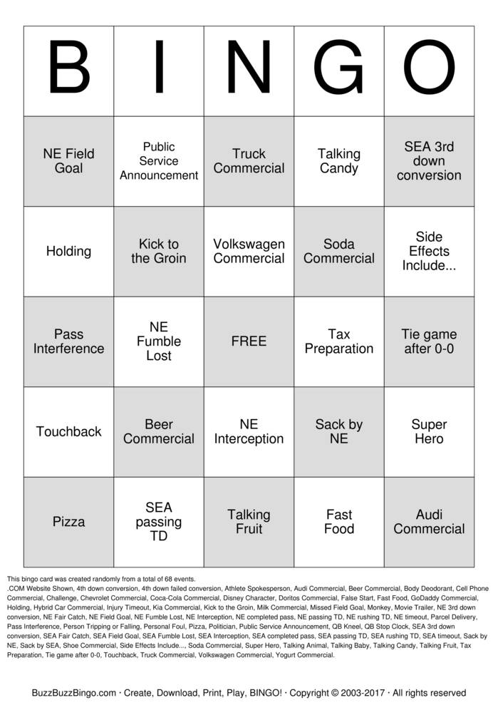 2015 Superbowl NE vs SEA Bingo Cards to Download, Print and Customize!