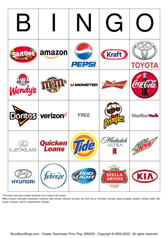 2018 Superbowl Commercial Logos Bingo Cards to Download, Print and ...