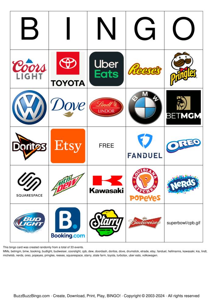 2024 Superbowl Commercial Logos Bingo Cards to Download, Print and ...