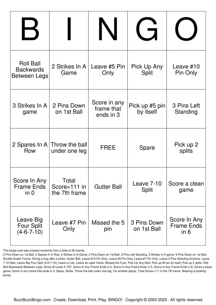 Download Free Bowling Bingo Cards Download Free Bowling Bingo Cards
