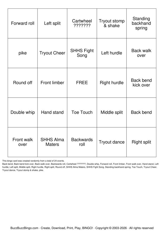 Download Free Cheerleader Bingo Cards