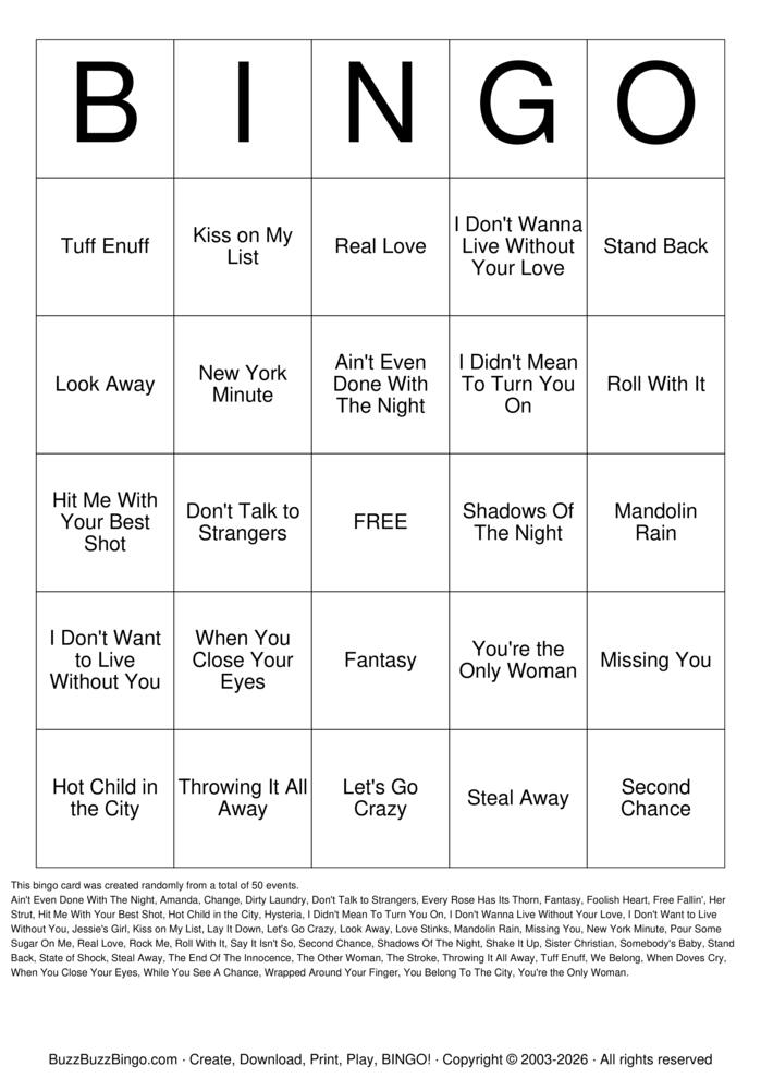 Download Free Classic 80s Music Titles Bingo Cards