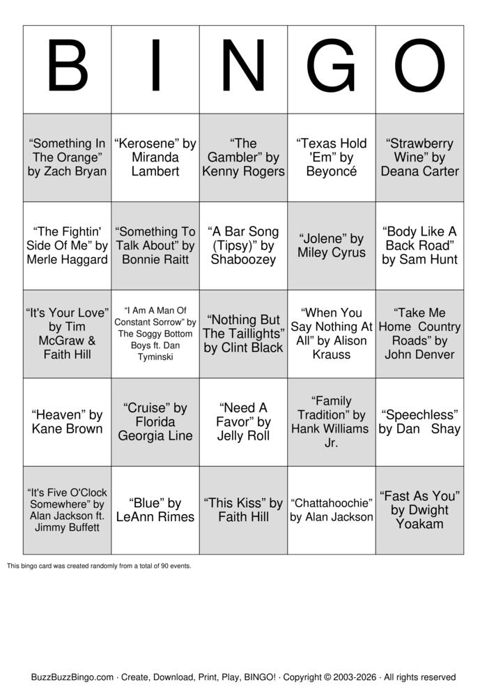 Download Free Country Music Bingo (2) Bingo Cards