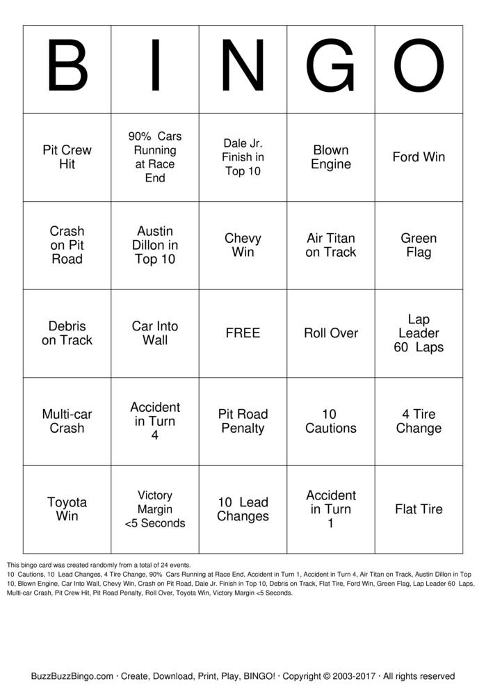 Download Free DAYTONA 500 Bingo Cards