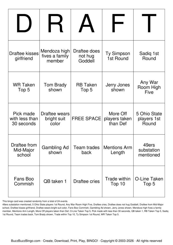 Download Free DRAFT Bingo Cards