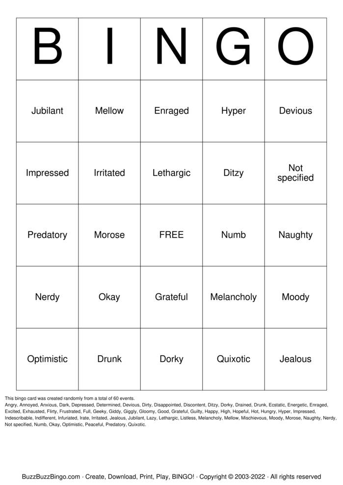 Download Free Feelings 2 Bingo Cards