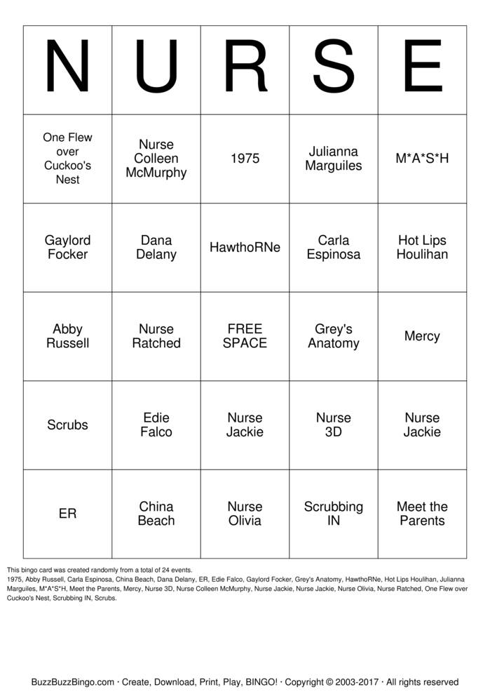 Download Free Nurse  Bingo Cards