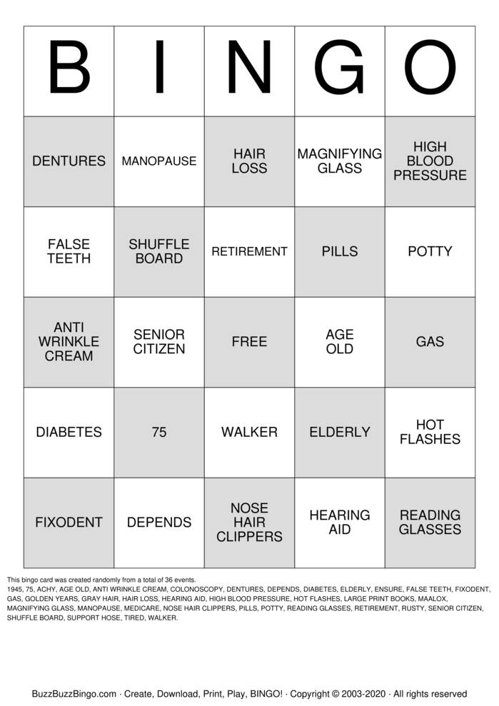 OVER THE HILL Bingo Cards to Download, Print and Customize!