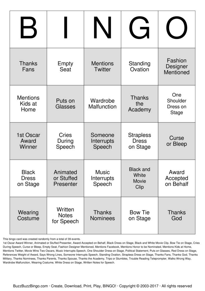 Oscars Bingo Cards to Download, Print and Customize!