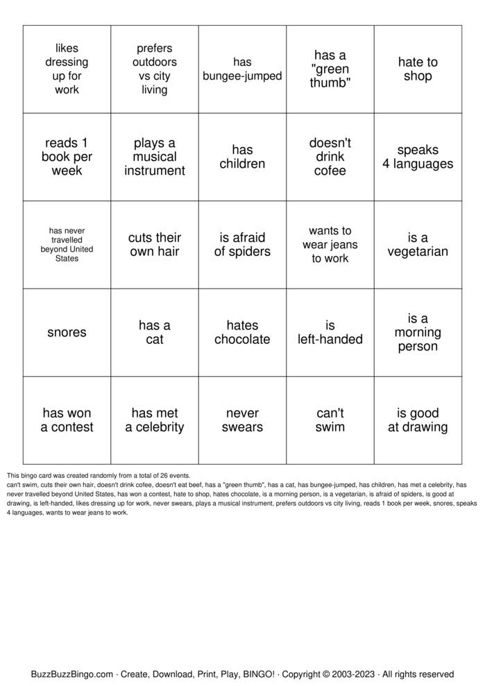 Download Free People Bingo Bingo Cards
