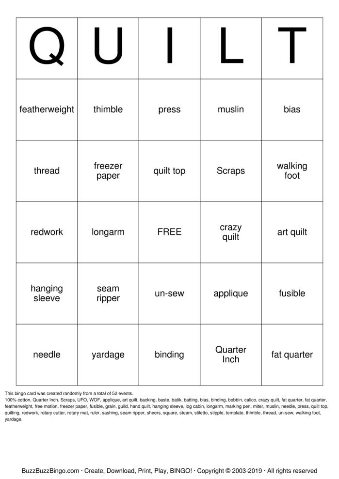 QUILT Bingo Cards to Download, Print and Customize!