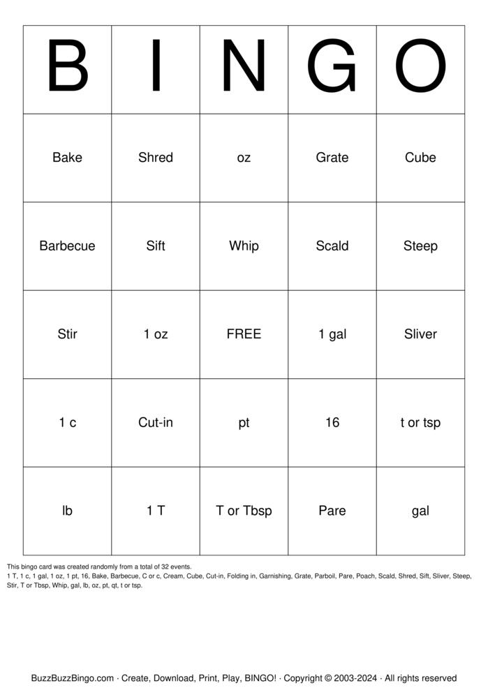 Download Free Recipes Bingo Cards