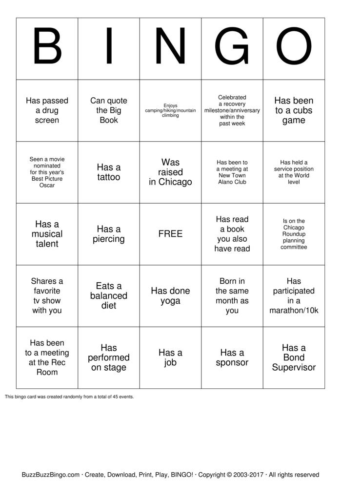 Download Free Recovery Bingo Cards