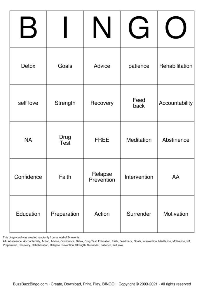 Download Free SFH Substance Abuse Recovery Bingo Cards Download Free SFH Substance Abuse Recovery Bingo Cards