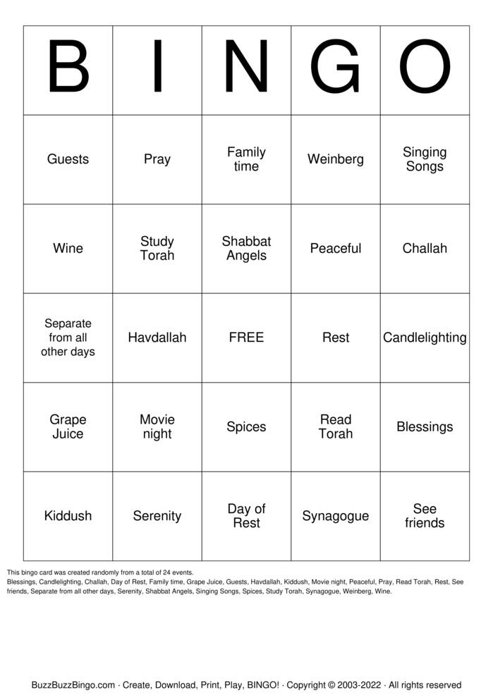 Download Free SHABBAT BINGO Bingo Cards