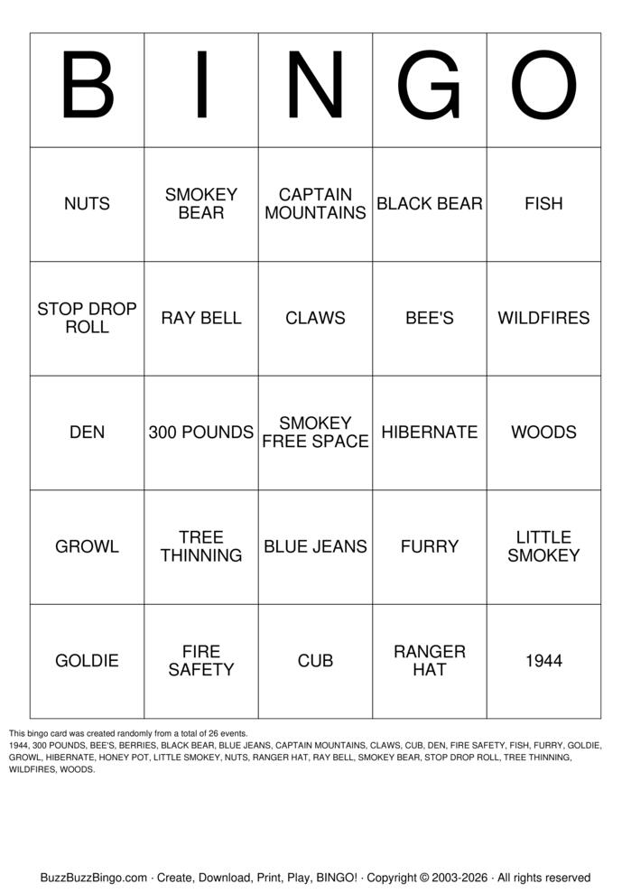 Download Free Smokey The Bear Party Bingo Cards