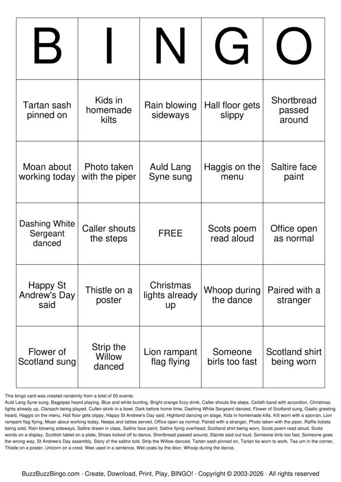 Download Free St. Andrew's Day Bingo Cards