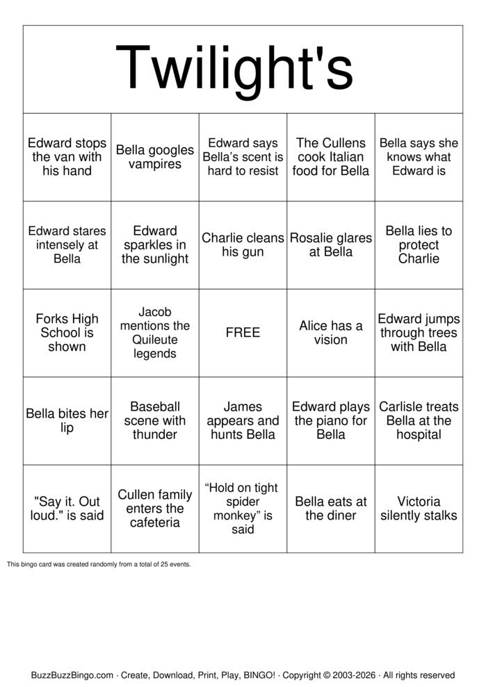 Download Free TWILIGHT BINGO Bingo Cards