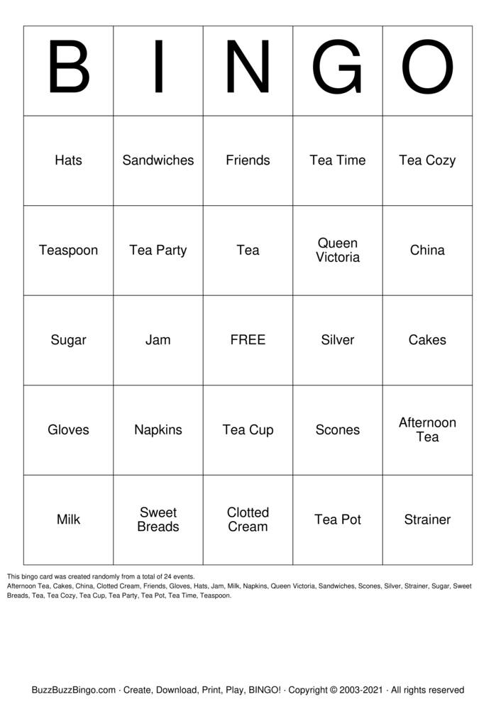 Download Free Tea Party Bingo Cards Download Free Tea Party Bingo Cards